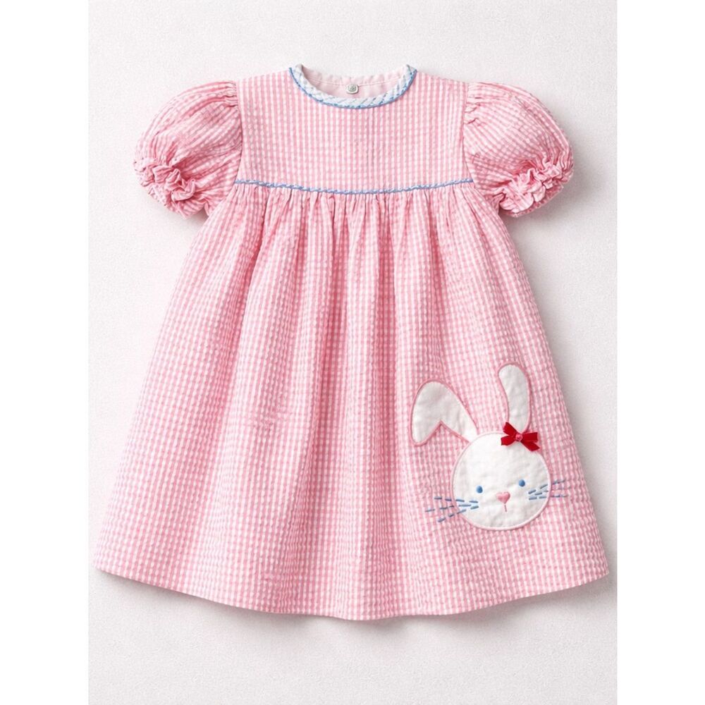 Petit Pomme pink & white stripe sear sucker dress with bunny Appliqué 6 months